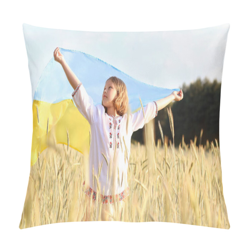 Personality  Beautiful Ukrainian Girl Carries Fluttering Blue And Yellow Flag Of Ukraine Against  Sky And Field Background. Ukrainian Flag Is A Symbol Of Independence. Celebrate Constitution Independence Flag Day Pillow Covers