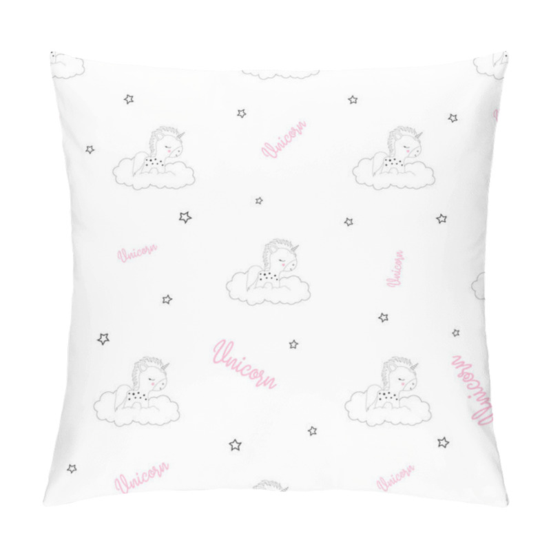 Personality  Seamless Pattern With Unicorns In The Clouds, Stars And Inscriptions On White Background, Simple Drawing With Animals To Any Holiday, Abstract Wallpapers With Unicorns Pillow Covers