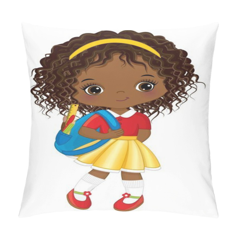 Personality  Cute Little School African American Girl Holding Rucksack With Accessories. Vector School Black Girl  Pillow Covers