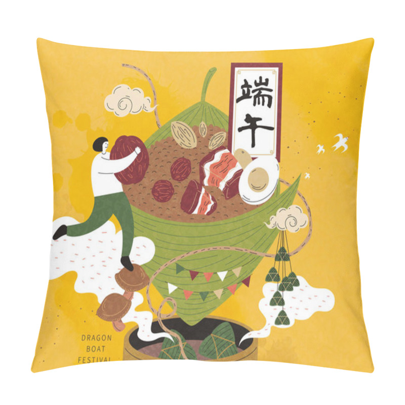 Personality  Miniature Girl Holding Dates And Toward Giant Rice Dumpling Upon Bamboo Steamer, Dragon Boat Festival Written In Chinese Calligraphy Pillow Covers