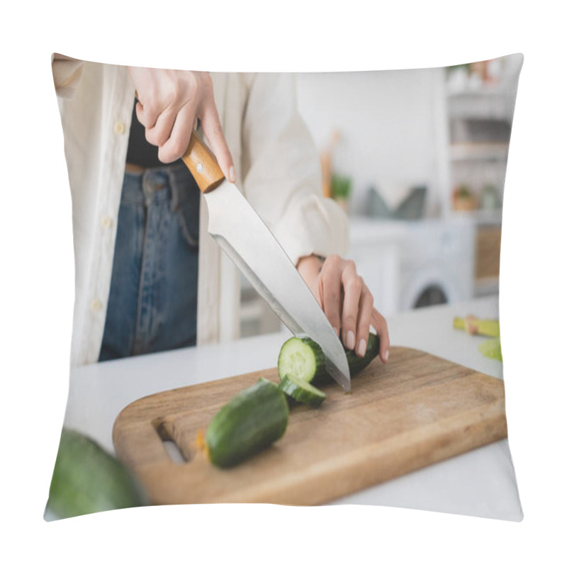 Personality  Cropped View Of Woman Cutting Ripe Cucumber On Chopping Board In Kitchen  Pillow Covers