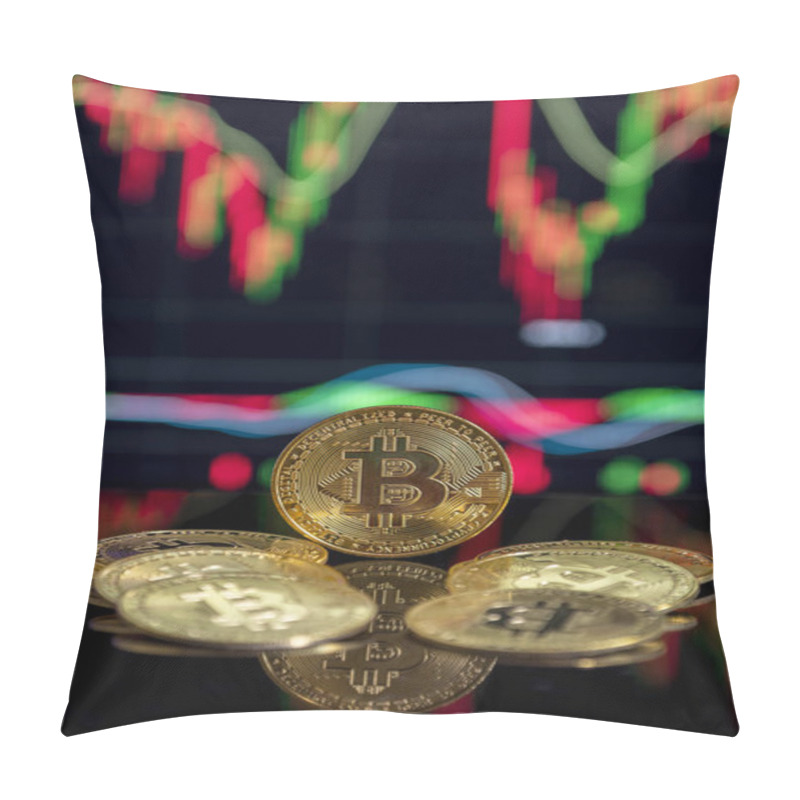 Personality  Physical Version Of Bitcoin Coin, Virtual Money, Conceptual Composition For Global Cryptocurrency And Digital Payment System. Pillow Covers