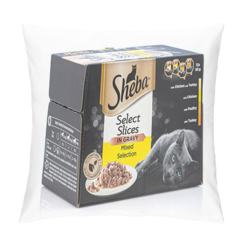 Personality  SWINDON, UK - APRIL 5, 2021: Box Of Sheba Select Slices In Gravy Mixed Selection Cat Food On A White Background. Pillow Covers