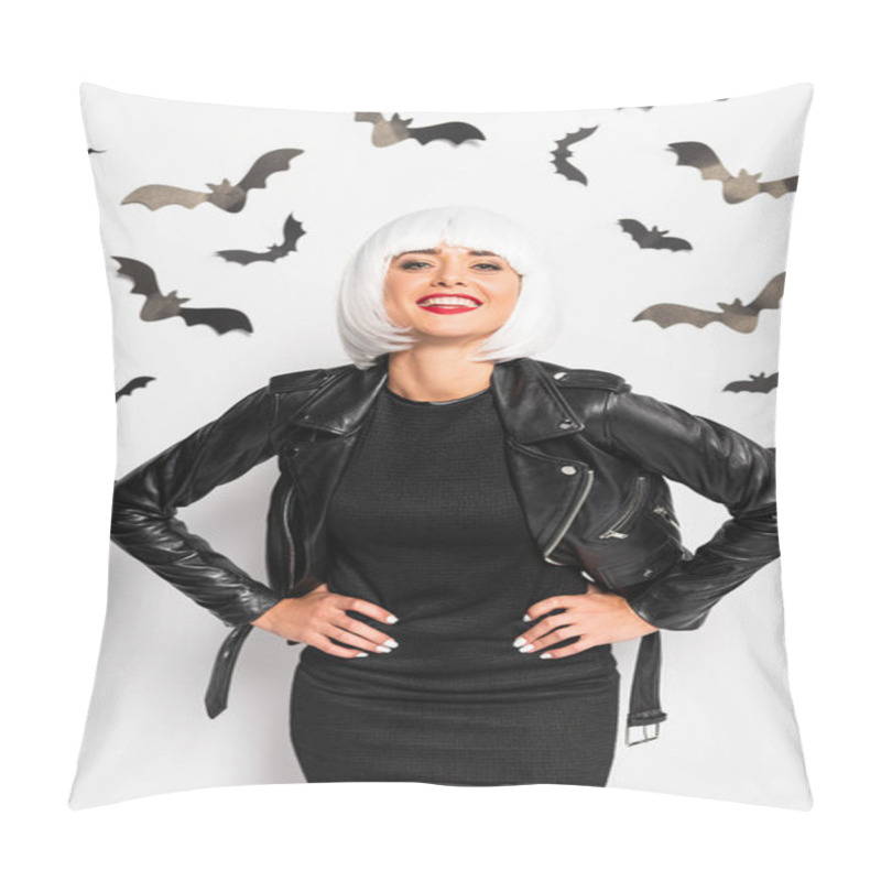 Personality  Attractive Woman In White Wig Smiling And Looking At Camera In Halloween Pillow Covers