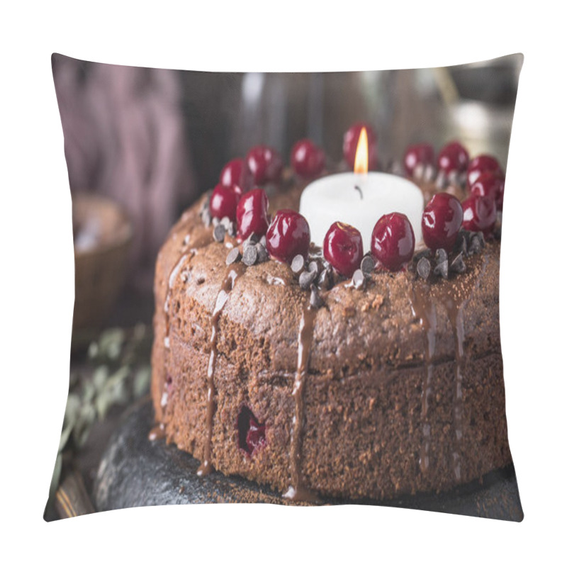 Personality  Chocolate Cherry Cake With Big Candle  Pillow Covers