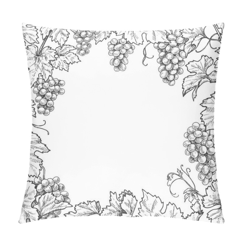 Personality  Monochrome Square Frame Made With Grapes Branches And Berries.  Hand Drawn Grape Bunches And Leaves. Black And White Border With Space For Text. Vector Sketch. Pillow Covers