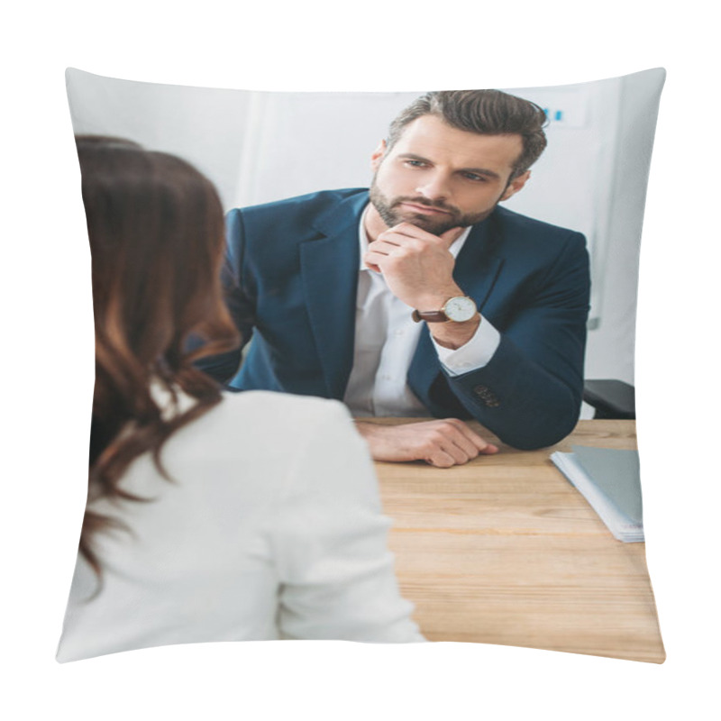 Personality  Selective Focus Of Focused And Handsome Advisor Talking With Investor At Office  Pillow Covers