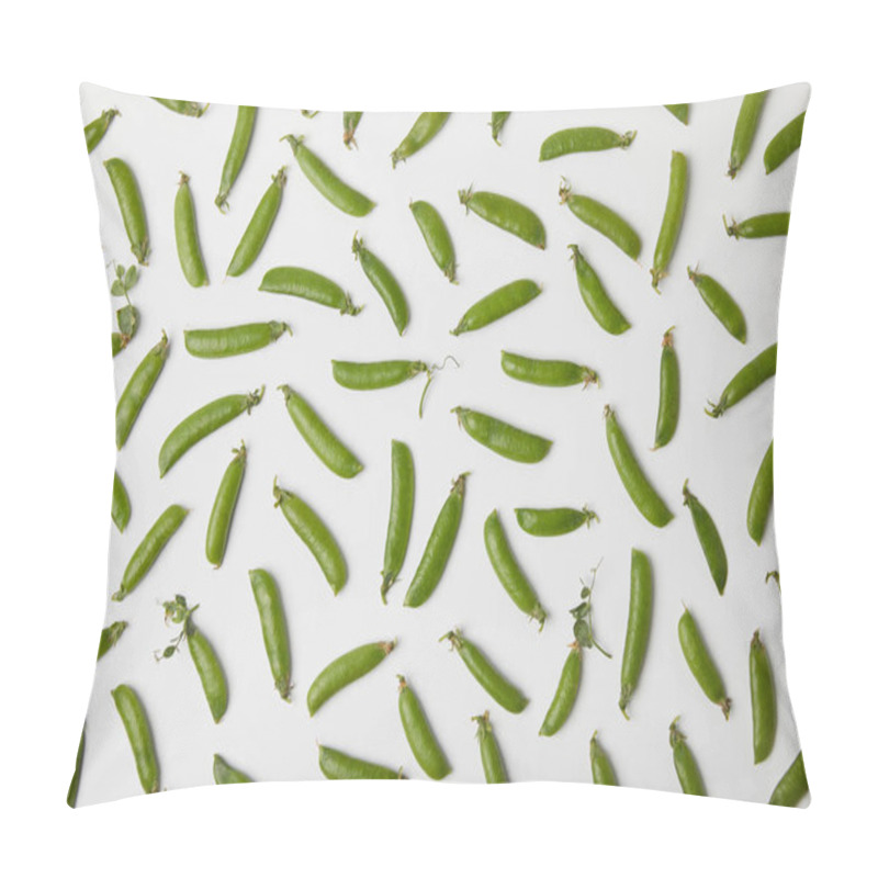 Personality  Top View Of Green Pea Pods Spilled On White Surface Pillow Covers