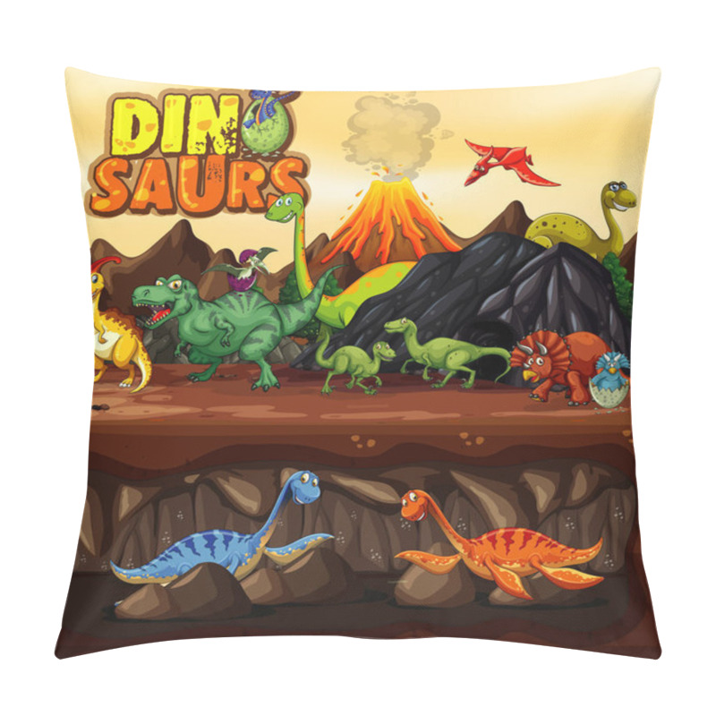 Personality  Dinosaurs Cartoon Character In Nature Scene Illustration Pillow Covers