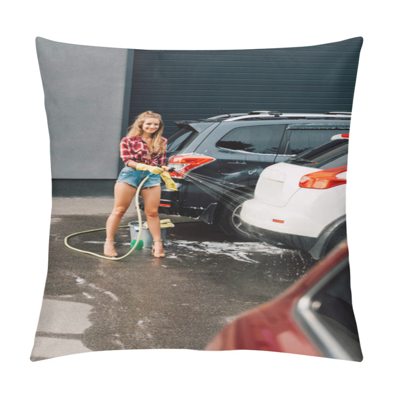 Personality  Selective Focus Of Woman Washing Cars With Portable Washer  Pillow Covers