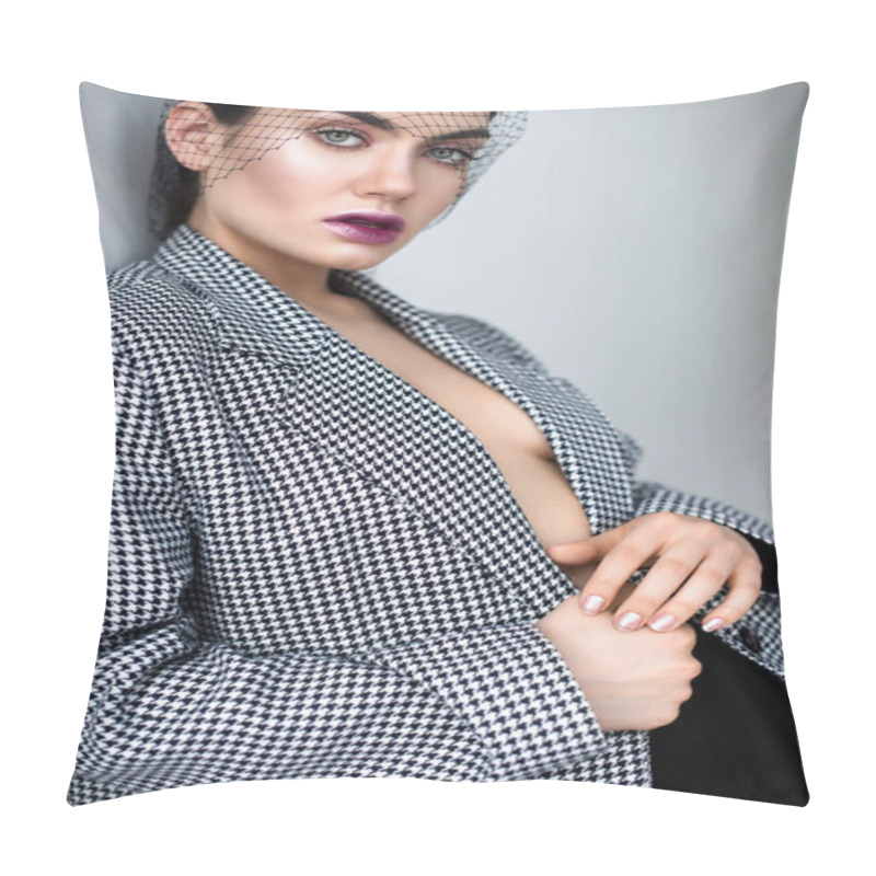 Personality  Elegant Half Naked Woman Posing In Retro Jacket And Net Veil, On Grey Pillow Covers