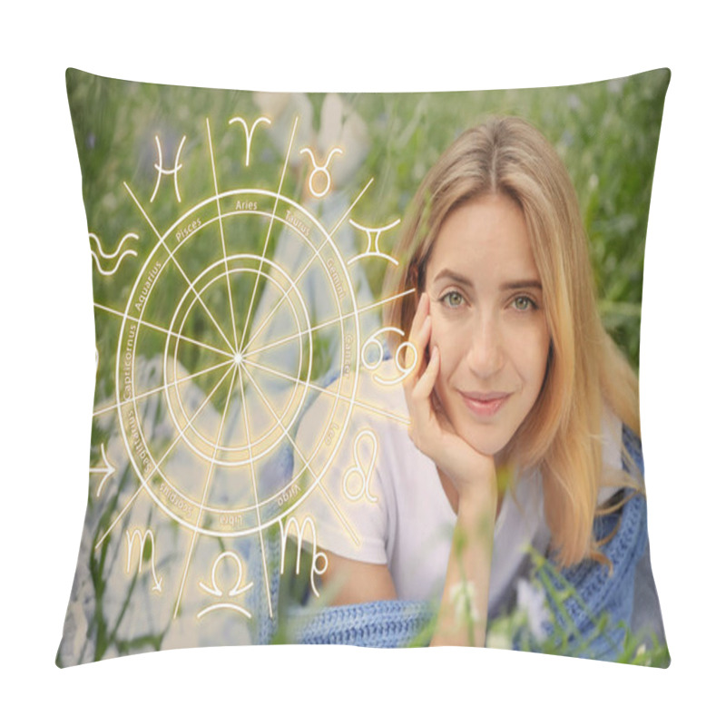 Personality  Beautiful Young Woman Outdoors And Illustration Of Zodiac Wheel With Astrological Signs Pillow Covers