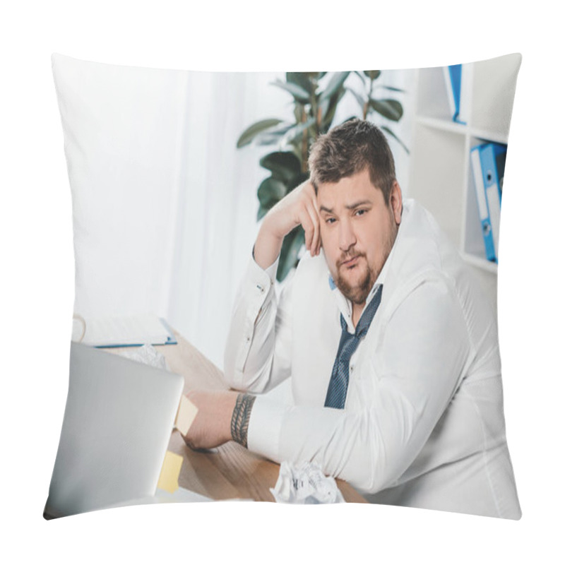 Personality  Fat Businessman Sitting At Workplace With Crumpled Papers And Laptop Pillow Covers