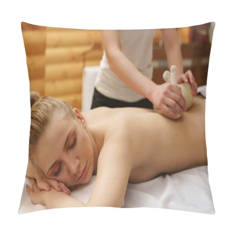 Personality  In Spa. Girl Relaxes During Massage With Salt Bags Pillow Covers