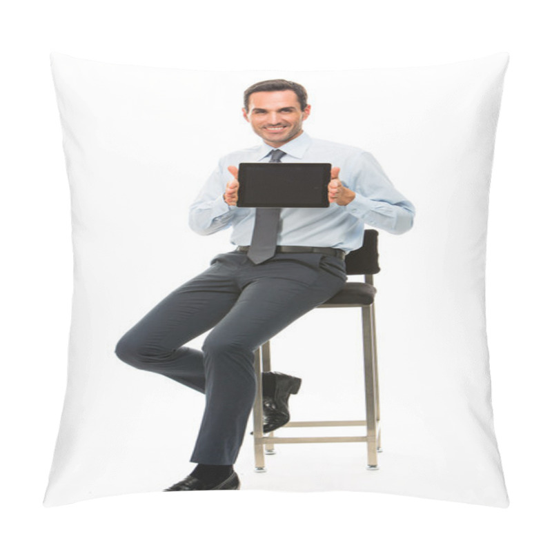 Personality  Full Length Portrait Of A Sitted Businessman With Digital Tablet Pillow Covers