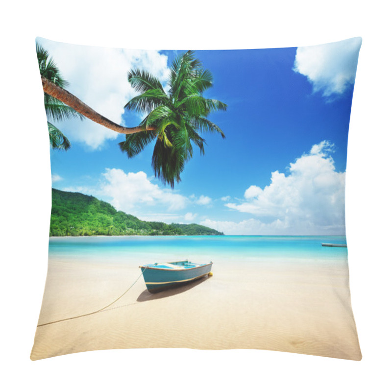 Personality  Boat On Beach Mahe Island, Seychelles Pillow Covers