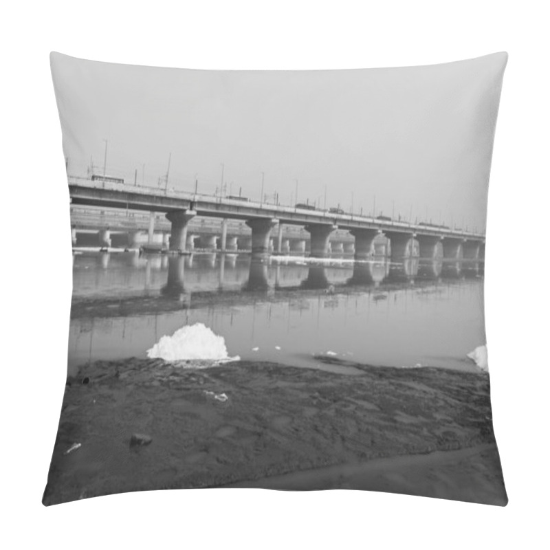 Personality  Road Bridge With Polluted River With Industrial And Domestic Effluents Toxic Foam In Black And White Image Is Taken At Yamuna River Okhla Barrage Delhi India. Pillow Covers