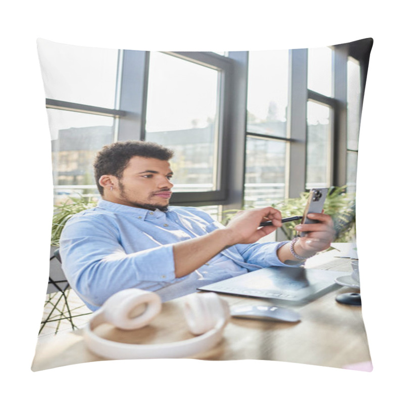 Personality  Handsome Man Sits Comfortably At A Table, Engaged With His Phone While Sipping Coffee. Pillow Covers