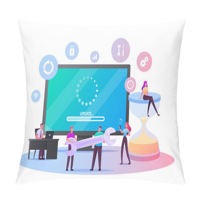 Personality  Update Software Application And Hardware Upgrade Technology Concept. Tiny Characters With Gadgets, Wrench And Hourglass At Huge Computer Screen With Updating Scale. Cartoon People Vector Illustration Pillow Covers