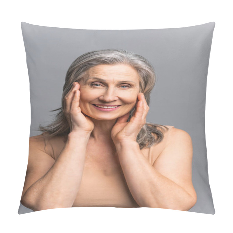 Personality  Happy Carefree Mature Lady Stands In Studio, Isolated On Grey Pillow Covers