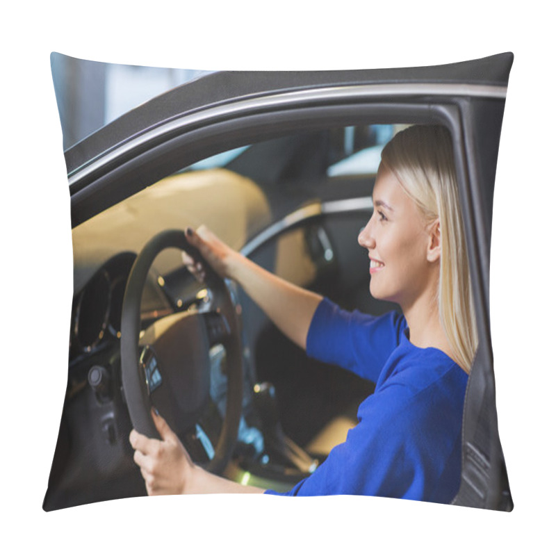 Personality  Happy Woman Inside Car In Auto Show Or Salon Pillow Covers