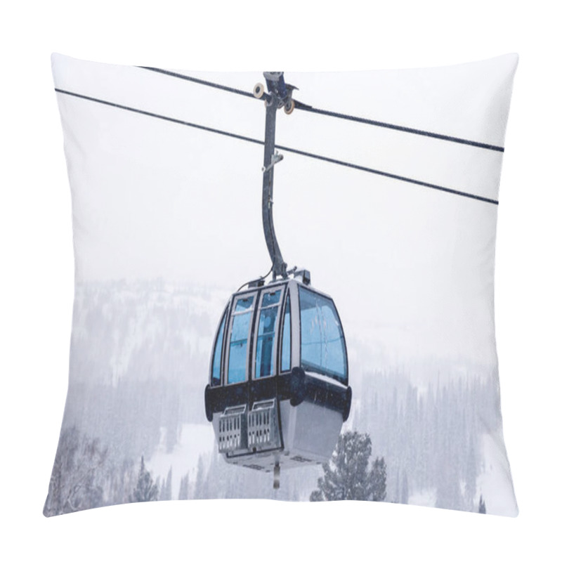 Personality  Ski Lift On The Cable Car With A Closed Cabin With Blue Mirrored Glass On The Background Of Snow-capped Mountains, Blizzards, Evergreen Trees. Concept Place For Inscription, Copy Space Pillow Covers