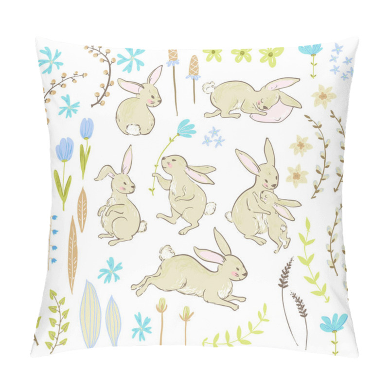 Personality  Easter Seamless Pattern With Cartoon Cute Bunnies And Flowers With Branches In Pastel Colors, Vector, Illustration Pillow Covers