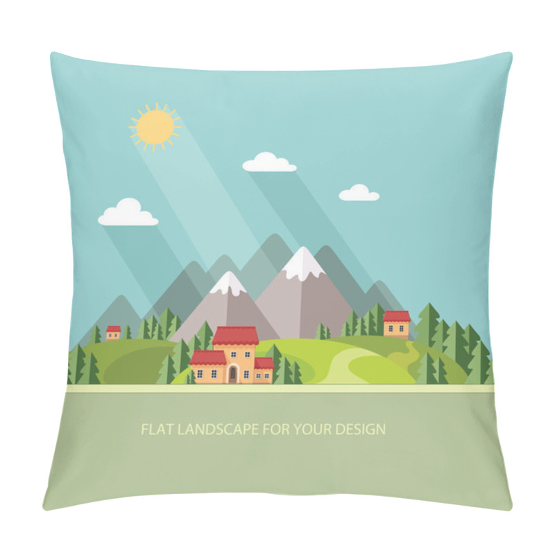 Personality  Landscape. Houses In The Mountains Among The Trees. Flat Style,  Pillow Covers