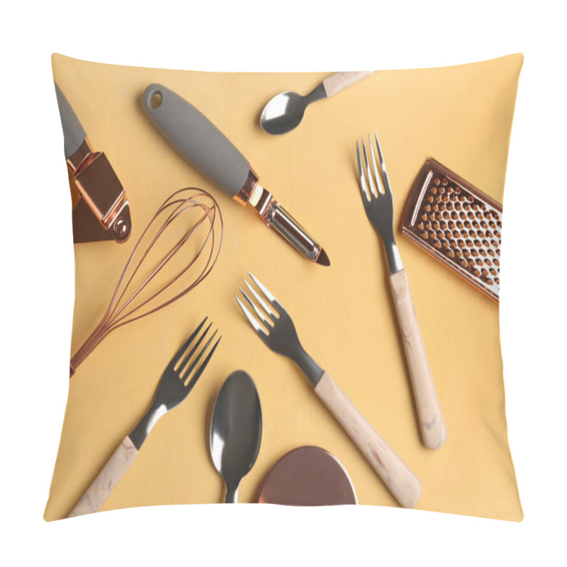 Personality  Different Kitchen Utensils On Yellow Background Pillow Covers