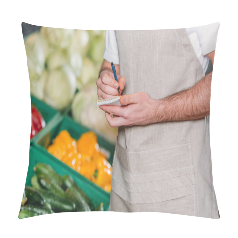 Personality  Partial View Of Shop Assistant In Apron Making Motes In Notebook In Supermarket Pillow Covers