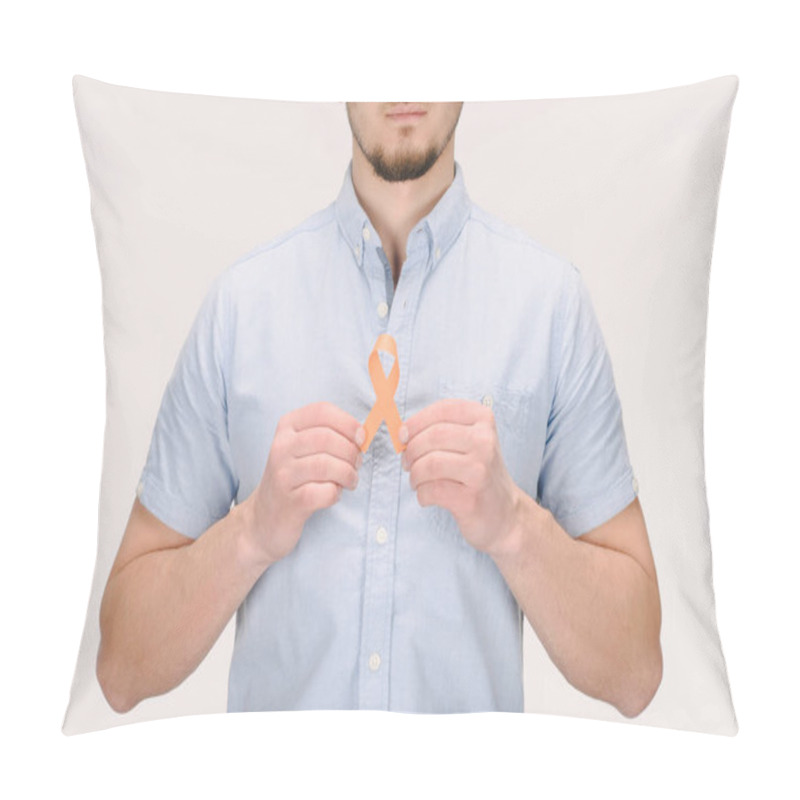 Personality  Partial View Of Man With Orange Leukemia, Kidney Cancer, Multiple Sclerosis RSD Awareness Ribbon Isolated On White Pillow Covers