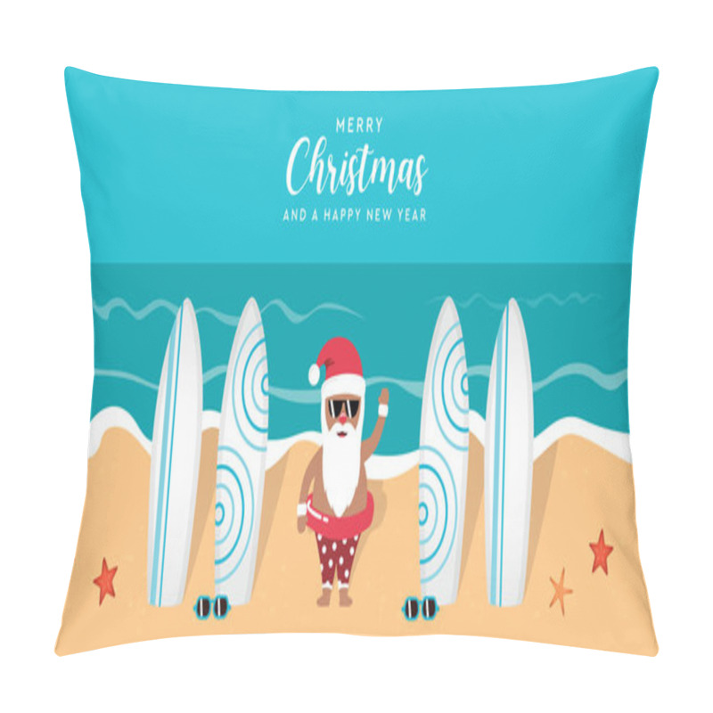 Personality  Cute Santa On The Beach Wit Surfboards Christmas Holiday Vector Illustration EPS10 Pillow Covers