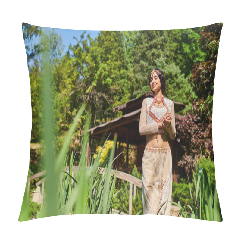 Personality  Happy Indian Woman In Authentic Clothes Standing With Closed Eyes On Wooden Bridge In Park Pillow Covers