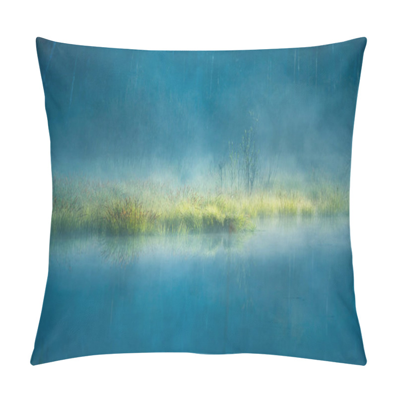 Personality  A Beautiful Flooded Wetlands During The Sunrise In Spring. Fress, Green Grass Growing In The Water. Misty Morning Over The Swamp. Springtime Scenery In Northern Europe. Pillow Covers