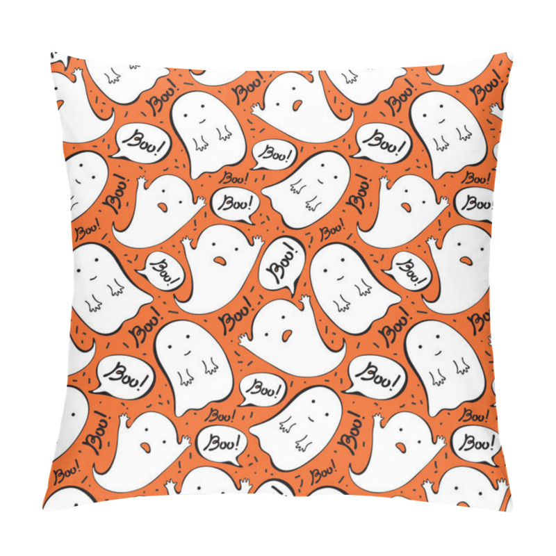 Personality  Cartoon Cute Doodle Hand Drawn Halloween Seamless Pattern. Funny Ghosts Say Boo. Vector Background Design For Fun Halloween Decoration. Naive, Childish Style Of Drawing. For Packaging, Pillow Covers