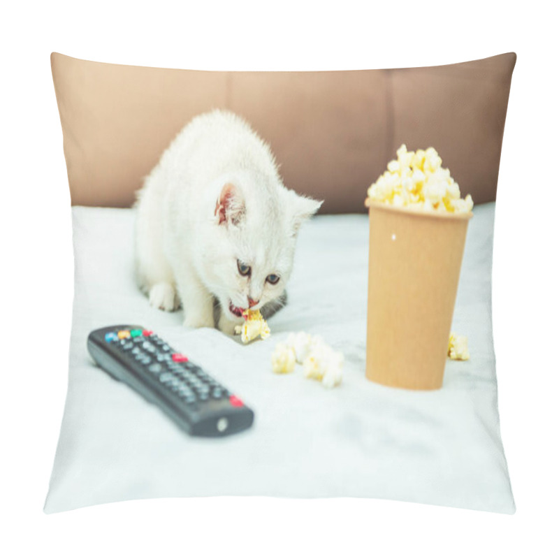 Personality  White British Kitten Lies On The Bed With A Remote Control And Popcorn. Classic Movie Viewing.  Pillow Covers