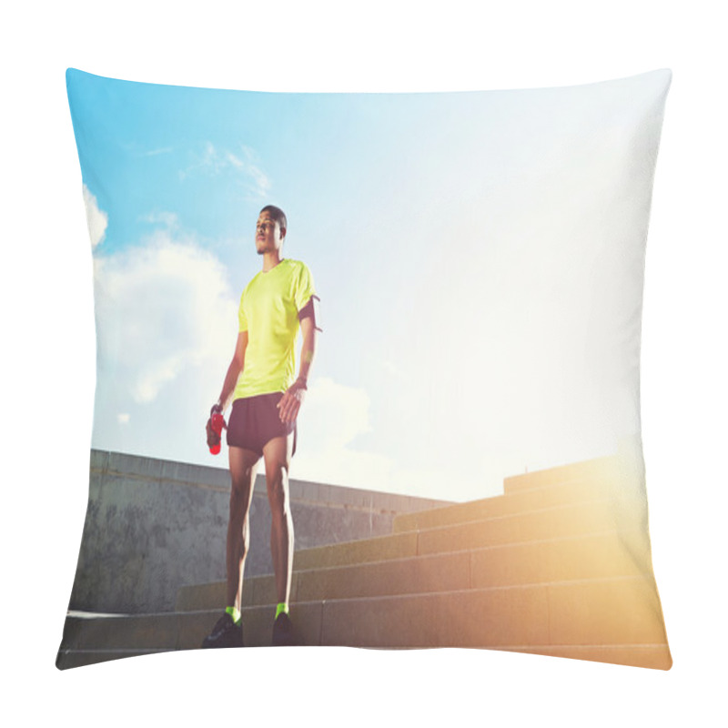 Personality  Young Dark Skinned Jogger With Muscular Strong Standing Against Soft Sunset Light Outdoors, Beautiful Fit Man In Bright Fluorescent Sportswear, Sports Fitness Concept Pillow Covers