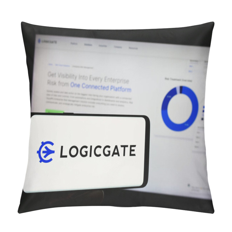 Personality  Stuttgart, Germany - 04-05-2024: Person Holding Mobile Phone With Logo Of American Risk Management Technology Compnay LogicGate Inc. In Front Of Web Page. Focus On Phone Display. Pillow Covers