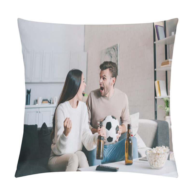 Personality  Expressive Young Couple Watching Football Game At Home And Cheering Pillow Covers