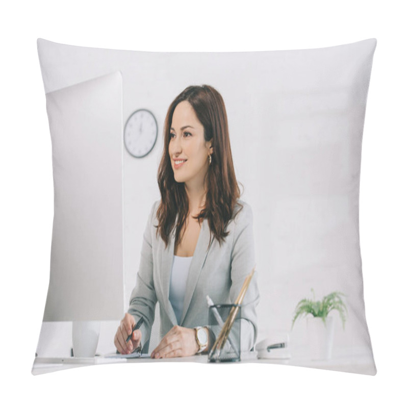 Personality  Attractive, Smiling Secretary Looking At Computer Monitor And Writing In Notebook Pillow Covers