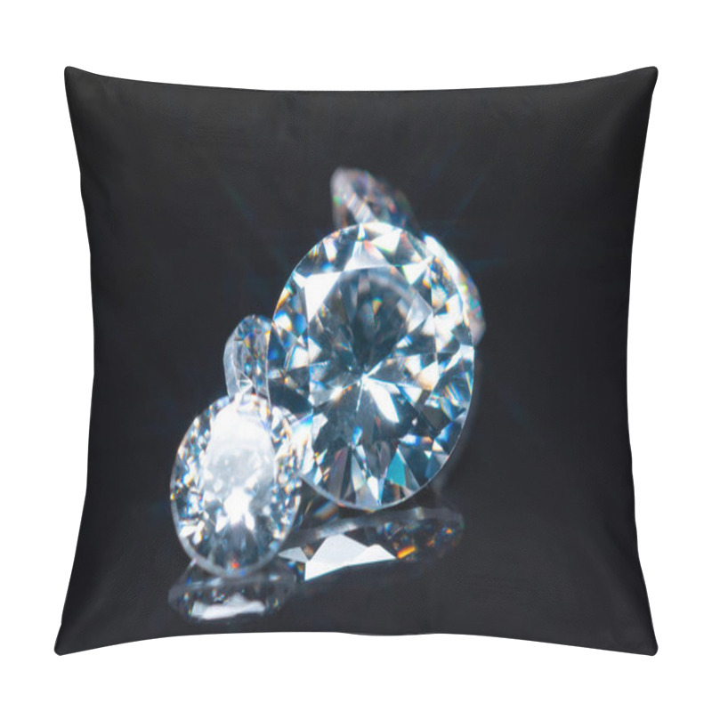 Personality  Cut And Polished Diamonds Selective Focus On Black Glossy Table. Luxury Gem Stones Collection. Brilliant Sparkling Gemstone Diamonds Round Shape Cut In Different Sizes. Display And Inspection. Pillow Covers