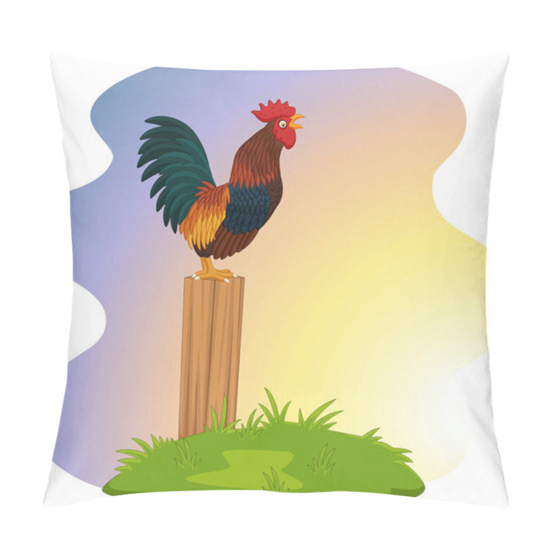 Personality  Vector Illustration Of Cute Rooster Crowing On The Fence Pillow Covers