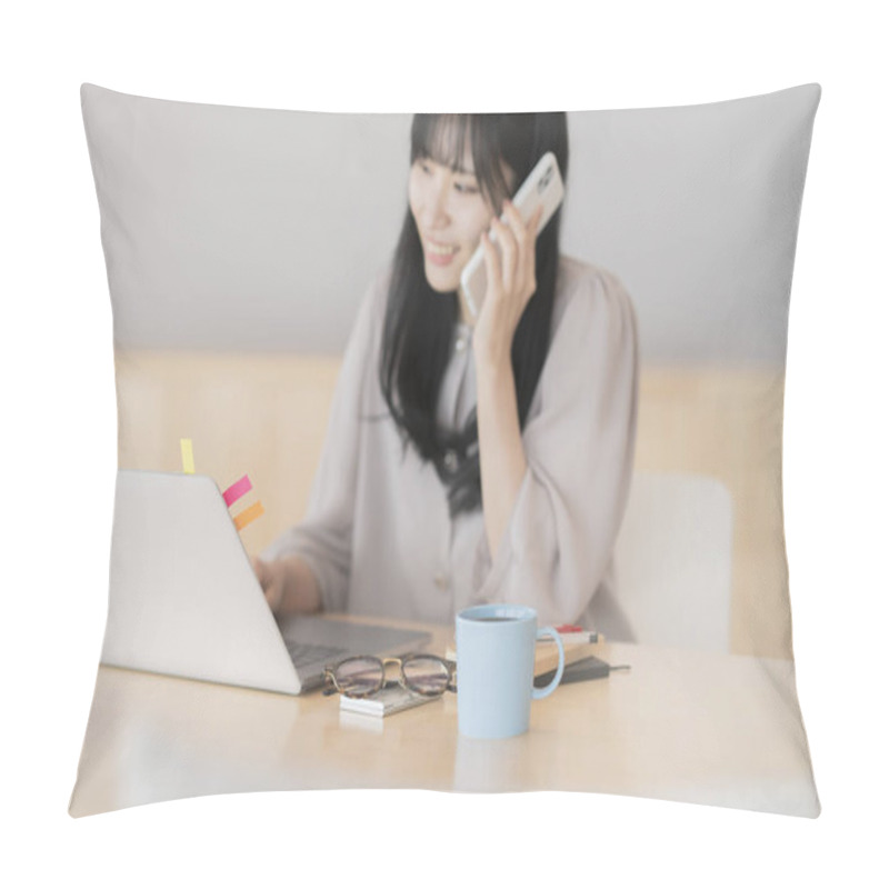 Personality  Asian Black Haired Woman Working From Home Using A Laptop Pillow Covers