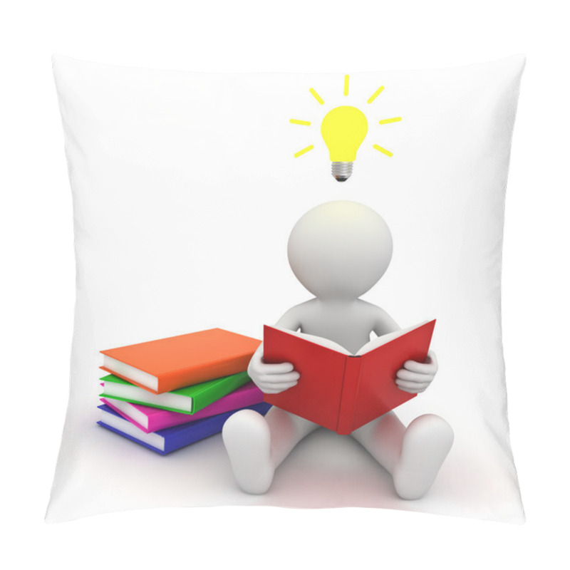 Personality  3d Man Sitting On The Floor And Reading A Book With Idea Bulb Above His Head Pillow Covers