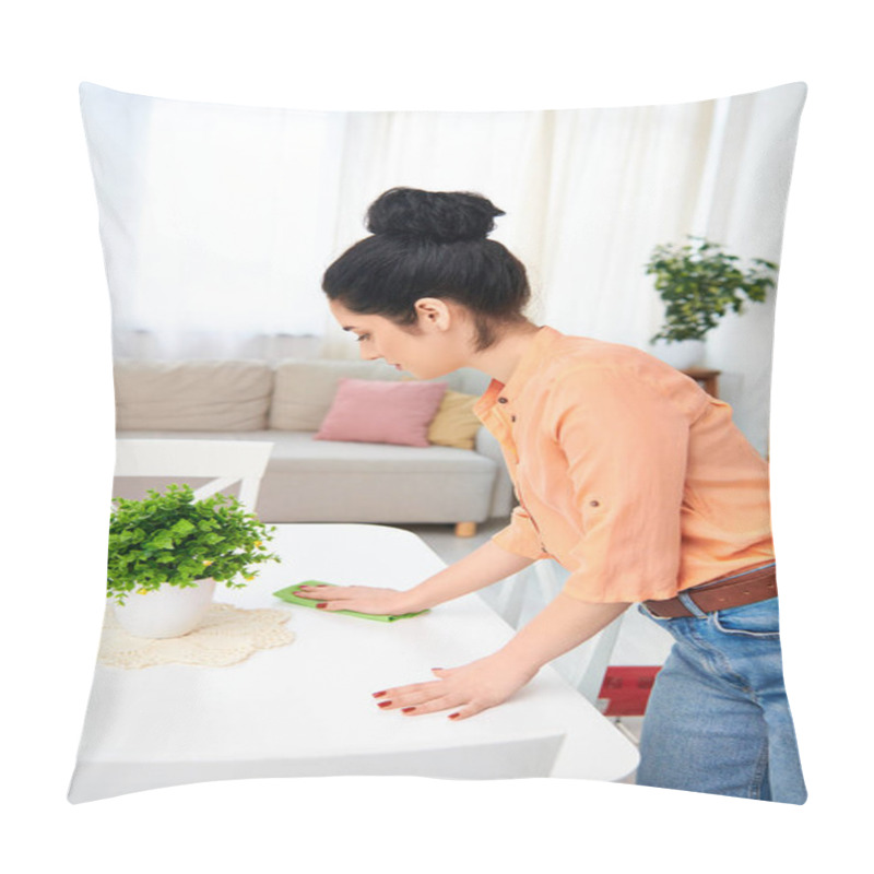 Personality  A Stylish Woman In Casual Attire Tends To A Potted Plant On A White Table. Pillow Covers