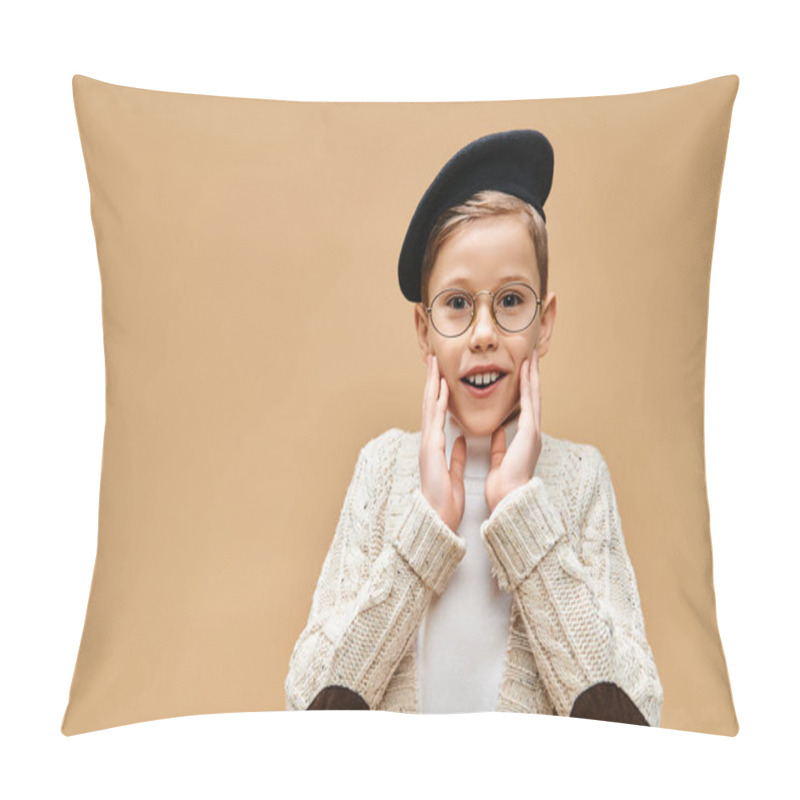 Personality  Young Boy In Glasses And Hat, Dressed As A Film Director, Against Beige Backdrop. Pillow Covers