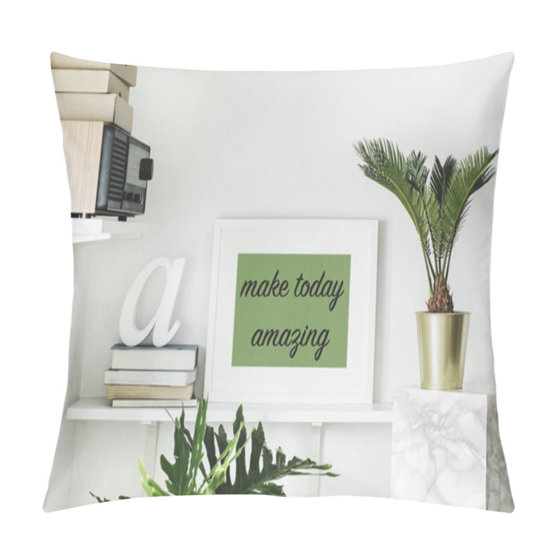 Personality  Bright White Interior Corner With Shelves And Inspirational Phrase In Frame On Wall Pillow Covers