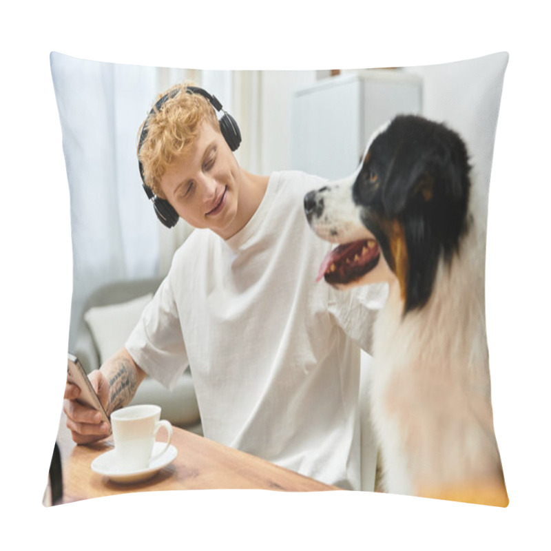 Personality  In A Modern Apartment, A Man Enjoys Precious Moments With His Australian Shepherd. Pillow Covers