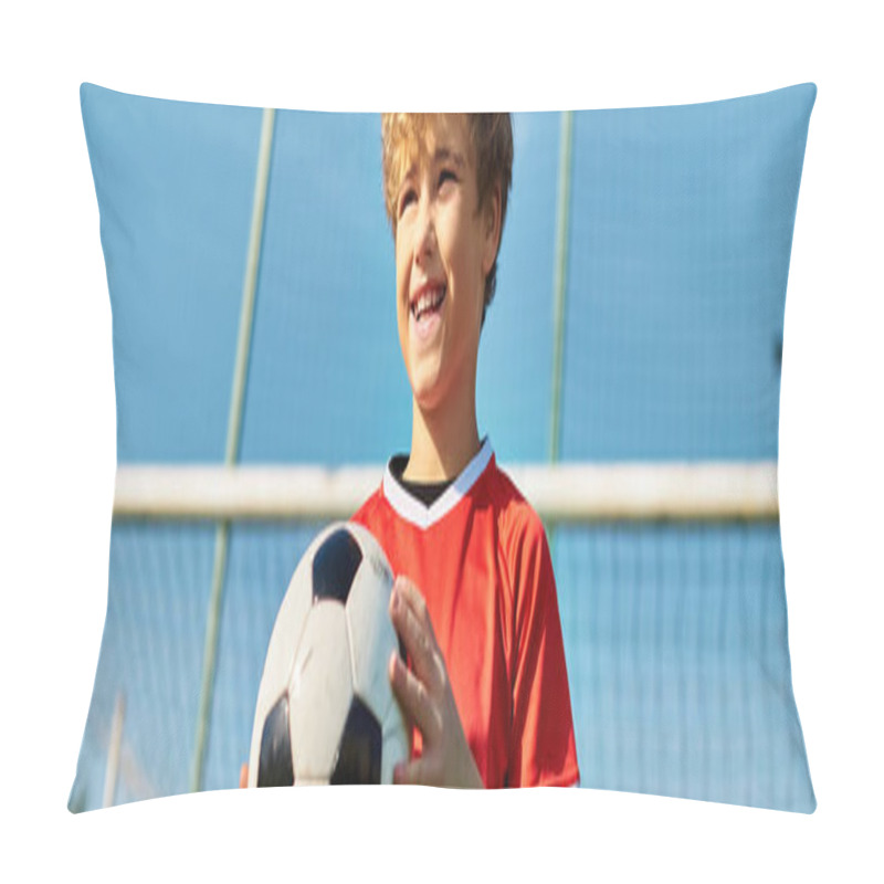 Personality  A Young Boy Stands On A Vast Green Field, Grasping A Soccer Ball With Determination. He Gazes Ahead, Ready To Kick The Ball And Play A Spirited Game. Pillow Covers