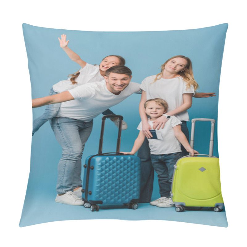 Personality  Excited Family Of Travelers With Suitcases, Passports And Tickets On Blue Pillow Covers